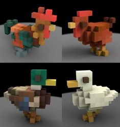 four different images of an animal made out of lego blocks, including a bird and a duck