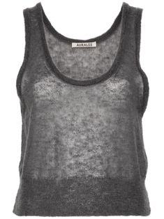 grey mohair blend knitted construction ribbed trim brushed effect U-neck sleeveless cropped Casual Mohair Crew Neck Top, Fall Knitted Mohair Tops, Fine Knit Mohair Tops, Knitted Long Sleeve Mohair Top, Mohair Tank Top, Mohair Tank Top Pattern, Crochet Mohair Tank Top, Knitted Crop Top, Knitted Tops