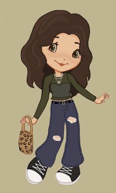 a cartoon girl holding a purse and posing for the camera