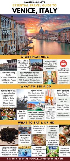 the venice italy travel guide is shown in red and yellow, with pictures of buildings