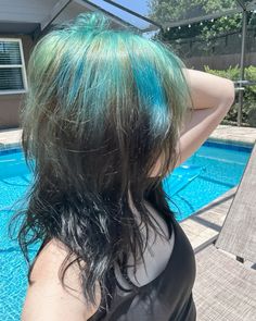 Gerard Way Blue Roots, Teal Roots Hair, Blue And Green Streaks In Hair, Gerard Way Teal Roots, Blue And Brown Hair Ideas, Blue Ghost Roots, Wavy Blue Hair, Dyed Roots, Cool Hair Dye