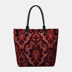 This roomy shopper is made of thick chenille carpet or Rich burnout velvet, and it can stand still on its own. The belt and the handles are made of genuine leather with heavy cotton canvas lining. The tote bag is closed with a high-quality vintage twist turn lock.This Victorian Carpet Tote is perfect for everyday use, both for work and short travels. It is made roomy for laptops and files. The handle, which is 7-3/4’ in length, is comfortable for you to carry on one shoulder. On the inside, ther Everyday Velvet Rectangular Shoulder Bag, Rectangular Velvet Bag For Everyday Use, Shopping Tote Bag With Fabric Lining, Tote Bags With Fabric Lining For Shopping, Victorian Carpet, Traditional Carpet, Burnout Velvet, Carpet Bag, The Tote Bag