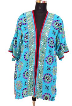 "Item Description Amazing Multi colored Hand Embroidered Phulkari Jacket - Colorful Thread Work - Sitara Work Jacket -Kimono Jacket-Banjara Hippie Gypsy-Women's Jacket Beautiful Phulkari jacket, embroidered and finished with faux mirror work. Due to the nature of the fabric may have some imperfections. Handmade in India. Measurements: Size Type: Regular Size (Women's):L Decade:1950s Length: \"35\" inches Bust: \"48\" inches Shoulder to cuff: \"18\" inches Shoulder to Shoulder: \"16\" inches Mate Traditional Embellished Festive Outerwear, Summer Festive Embroidered Kimono, Festive Embellished Outerwear For Festivals, Traditional Embellished Spring Outerwear, Festival Kimono With Long Sleeves, Spring Festive Embroidered Kimono, Festive Embroidered Spring Kimono, Bohemian Festive Outerwear With Zari Work, Bohemian Outerwear With Zari Work For Festive Occasions