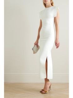 MATICEVSKI Zephyr paneled crepe maxi dress | NET-A-PORTER Chic Fitted H-line Maxi Dress, White Structured Fitted Dresses, Formal White Dress With Structured Boning, White Formal Dress With Structured Boning, Fitted Midi Dress With Side Slits For Wedding, White Evening Dress With Structured Boning, Chic Wedding Midi Dress With Side Slits, Modern Structured Dress With Boning, Modern Structured Dresses With Boning