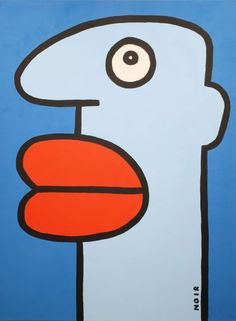 an image of a blue and white painting with orange shapes on it's face