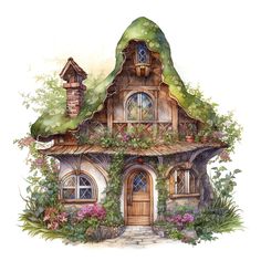 a watercolor drawing of a house with flowers and plants on the roof, surrounded by greenery