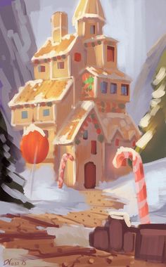 a painting of a gingerbread house with candy canes in the foreground and snow on the ground