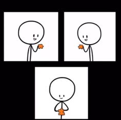 four different pictures with the same person holding an orange object in one hand and pointing to it