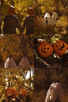 halloween decorations in the woods with ghost and pumpkins