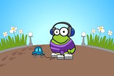 a cartoon frog with headphones on sitting in front of a blue car and flowers