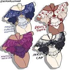 three different types of bodysuits with the names and description on them in english