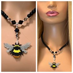 the necklace has a bee on it and is made out of black beads with silver accents