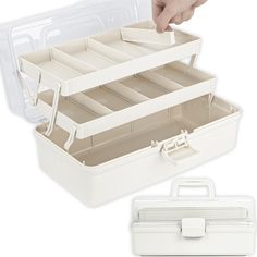 two white storage boxes with dividers on top and one holding a plastic container in the middle