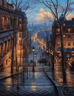 an oil painting of a city street at night