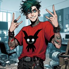 a man with green hair and piercings standing in an office holding two fingers up