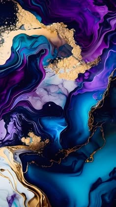 an abstract painting with blue, purple and gold colors on it's surface is featured in this image