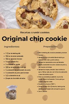 an advertisement with cookies and chocolate chips on the front, as well as instructions for how to make them