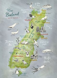 Large Print New Zealand Map of South Island, large illustrated map art print, big NZ art poster This is a large format high quality print of a hand drawn map of New Zealand's South Island. Inspired by my road trip in 2012, I illustrated my memories of the towns I've visited as well as the stunning nature and animal wildlife of this beautiful country in the South Pacific. It's the perfect present for any Kiwi and it's an awesome farewell gift for someone travelling to New Zealand or coming back! New Zealand Campervan, New Zealand Map, New Zealand Mountains, Nz South Island, Map Of New Zealand, New Zealand Tattoo, Wanaka New Zealand, New Zealand Adventure, Queenstown New Zealand