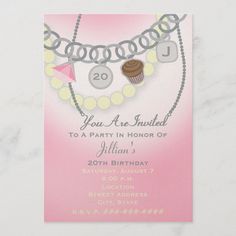 A feminine birthday invitation with a jewelry theme.  Invite features an illustration of a silver charm bracelet with pink jewel, cupcake charm, and two other charms for personalizing with your initial and age.  Design also features pearls and necklace with text "You Are Invited."  Personalize the text with details of your occasion.  Pink background and opposite side. Pink Charm Necklace For Birthday, Pink Charm Necklaces For Birthday, Personalized Pink Charm Necklaces For Party, Pink Personalized Charm Necklaces For Parties, Birthday Charm Bracelet, Bracelet Pearls, Cupcake Charms, Pink Jewels, Pearls Jewelry