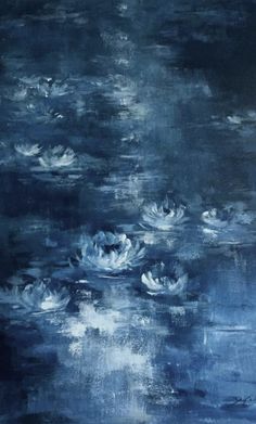 a painting of water lillies in blue and white colors on a dark background with light reflections