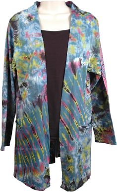 Knee Length Long Sleeve Free Size Jacket - Knee Length Long Sleeve Free Size Jacket - A predominantly Dianne blue knee length jacket/coat with a beautiful tie dye pattern.  The material is light cotton perfect for spring and cool summer evenings jacket. #tlb #JuniorPetite #Misses #Yoga #vacationclothing #beachwrap #Jacket #TieDye #fashiondeal #BohemianTieDyeTop Red Tunic Top, Long Cotton Skirt, Knee Length Jacket, Tie Dye Jackets, Summer Yoga, Colorful Jacket, Yoga Jacket, Red Tunic, Hippie Look