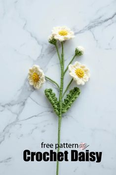 three crocheted daisies sitting on top of a white marble surface with the words free pattern crochet daisy