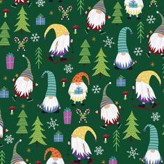 christmas gnomes and trees on green background