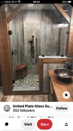 a bathroom with a glass shower stall and sink on the left, an instagram post from usc wifi on the right