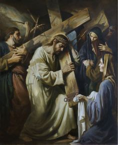 a painting of jesus carrying the cross with other people around him and looking at it