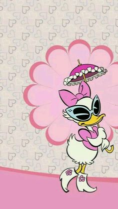 a cartoon character with sunglasses and a pink flower in front of a wallpaper background