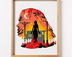 a cross stitch picture of a person standing in front of a house on fire with the sun setting behind them