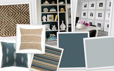 a collage of different color schemes for pillows and wallpapers in various rooms