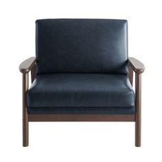 a blue leather chair sitting on top of a wooden frame