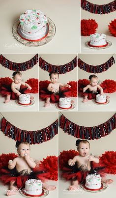 a collage of photos shows a baby sitting in front of a cake with red ruffles