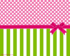 a pink and green striped background with polka dots on the border, tied with a bow