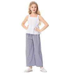 Product Description: Package Includes:1x Cami Top,1x Loose Fit Pant Suitable Age:Age for 3-12years,Girls/Toddler/Kids/Child/Juniors Colors Available: White&Blue striped/White&Navy striped/Pink striped/Yellow striped Season:Spring/Summer/Autumn/Fall Fit Type: Regular,High Waist,Elastic Waistband Details:Spaghetti strap cami tops,ruffle hem crop tops,elastic waistband wide leg long pants Button Up Pajamas, Fall Fit, Casual Stripes, Girls Toddler, Kids Outfits Girls, Toddler Kids, Short Pajama Set, Short Sleeve Button Up, Summer Clothes