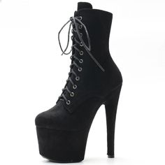 7 Inch Heel (17CM) Faux Suede Platform Lace-Up Front Pole Dancing Ankle Boots Size36-43 Boot Type: Basic Shaft Material: PU Outsole Material: PU Upper Material: PU Origin: Mainland China 3256805104291985 Season: Spring/Autumn Insole Material: PU Heel Type: Spike Heels Lining Material: PU Boot Height: ANKLE Item Type: Boots Fashion Element: Platform Department Name: Adult Toe Shape: round toe Heel Height: Super High (8cm-up) With Platforms: Yes Platform Height: 5-7cm Style: sexy is_handmade: Yes Pattern Type: Solid Fit: Fits true to size, take your normal size System SIZES U.S 5 6 7 8 9 10 11 12 13 14 15 Europe 36 37 38 39 40 41 42 43 Foot Length（cm） 23.6 24.2 24.8 25.4 26.0 26.6 27.2 27.8 High Heel（cm） 17 17 17 17 17 17 17 17 Platform Heel（cm） 6 6 6 6 6 6 6 6 Shaft length（cm） 16 16 16 16 1 7 Inch Heels, Pu Boots, Spike Heels, Pu Heels, Boot Types, Round Toe Heels, Pole Dancing, Heel Type, Black Ankle Boots