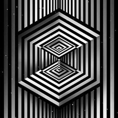 an abstract black and white background with lines in the center, surrounded by smaller hexagonal shapes