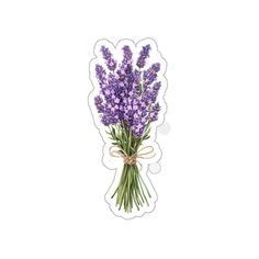 a bouquet of lavender flowers with a bow on the end and an adhesive sticker