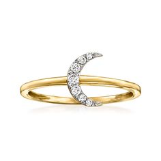 Ross-Simons - .10 ct. t. w. Diamond Moon Ring in 14kt Yellow Gold. Size 8. Celestial stacks are so in - make yours shine with a moon! Our dainty ring features a .10 ct. t. w. diamond crescent twinkling atop a delicate 14kt yellow gold band. 1/4" wide. Diamond moon ring. Diamond birthstones are the perfect gift for April birthdays. Yellow Gold Stackable Celestial Rings, Moon Shaped 14k Yellow Gold Rings, Crescent Diamond Ring In Yellow Gold, Fine Jewelry Crescent Promise Ring, Fine Jewelry Crescent-shaped Promise Ring, Gold Crescent Diamond Rings, Fine Jewelry Crescent Shaped Promise Ring, Gold Diamond Crescent Rings, Elegant 14k Gold Moon Shaped Ring