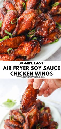 chicken wings being served on a white plate with the words air fryer soy sauce