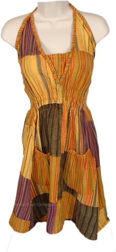 Sunset dunes hued stripes add casual charm to this beautifully draped halter top/dress. It has ties at the back and two pockets with elastic on the front. #tlb #Patchwork #bohemianfashion #Sleeveless Striped Patchwork Dress For Beach, Striped Patchwork Beach Dress, Hippie Outfit Inspo, Real Y2k, Cotton Boho Tops, Bridesmaids Outfits, Dresses Orange, Beach Wardrobe, Halter Top Dress