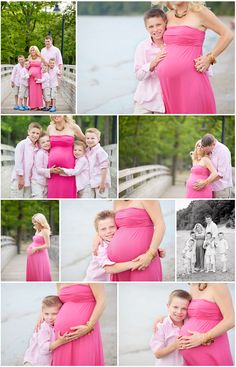 a collage of photos shows a woman in a pink dress hugging her children