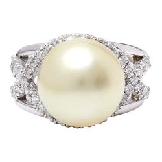 13.12 mm White South Sea Pearl 14K Solid White Gold Diamond Ring - Fashion Strada White Gold Pearl Ring, Gold Pearl Ring, Sea Pearl, Gold Diamond Ring, White Gold Diamond Rings, South Sea Pearls, Sea Pearls, Gold Diamond Rings, White Stone