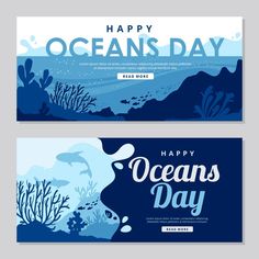 two ocean banners with dolphins and corals on the bottom, happy oceans day written in blue