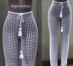 two pictures of the same woman's pants with white crochet on them