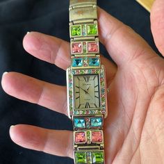 Pretty Pastel Rhinestone Watch By Geneva. Pink Blue And Green Colors Stainless Band Does Show Wear Photographed Watch Still Wearable Not Noticeable. Brand New Battery Watch Completely Operational. Watch Fits Snug On A Standard 7 Inch Wrist. Vintage Pendant Watch, Betsey Johnson Watches 36 Mm Only, Pastel Jewelry, Colorful Watches, Rhinestone Watches, Pretty Pastel, Italian Charm Bracelet, Geneva, Blue And Green