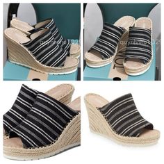 Brand New Tom Monica Mule Black Global Stripe Color : Black Made In China Black Casual Wedge Sandals With Round Toe, Black Round Toe Casual Wedge Sandals, Casual Black Wedge Sandals With Round Toe, Black Round Toe Wedge Sandals, Casual Black Wedge Sandals For Spring, Black Casual Wedge Sandals, Ankle Lace Up Boots, Toms Booties, Striped Espadrilles