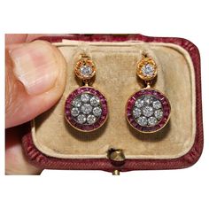 In very good condition. Total weight is 7.5 grams. Totally is diamond 1.59 ct. The diamond is has G-H color and vvs-vs clarity. Totally is ruby 2 ct. Box is not included. Please contact for any questions. Earring Video, Ruby Stone, Gold Top, Modern Earrings, Stone Cuts, 1 Carat, Modern Jewelry, Natural Diamonds, Ruby