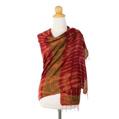 Hand-woven by Thai artisan Vinita this 100% bark silk shawl stands out in bold reds greens and oranges. Vinita tie-dyes the fabric to create unique asymmetrical patterns that exude bohemian chic. Green Shawl, Silk Shawl, Orange And Green, Women Artisans, How To Dye Fabric, Diy Costumes, Bohemian Chic, Unique Colors, Green And Orange